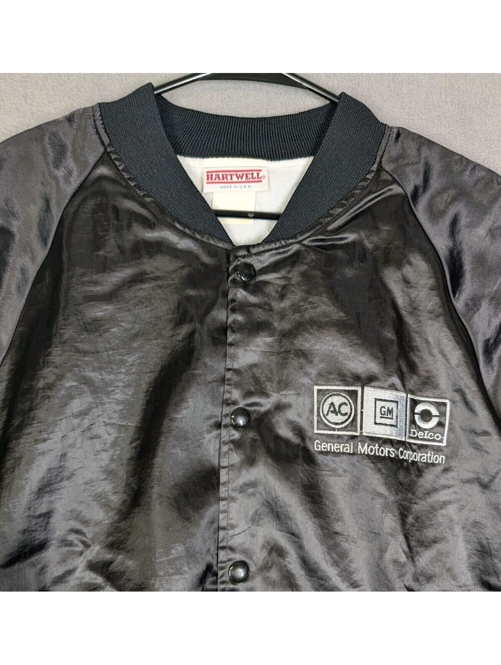 Hartwell Mens XL Black Vintage 80s GM AC Delco Satin Bomber Jacket Made USA Auto